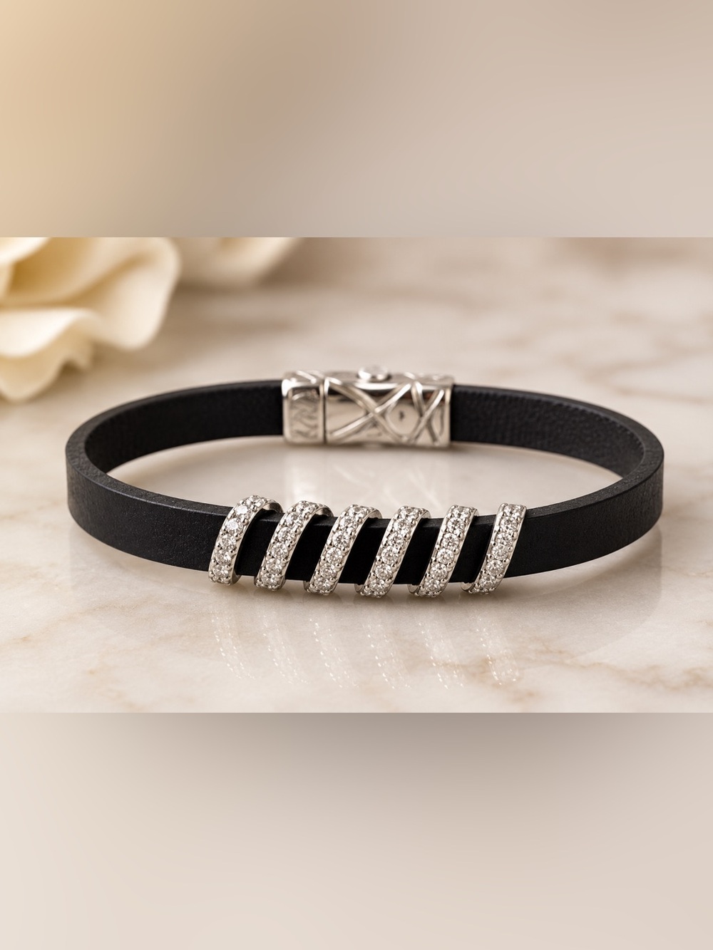 Black Leather Crystal Rhinestone Bar Bracelet Silver Tone